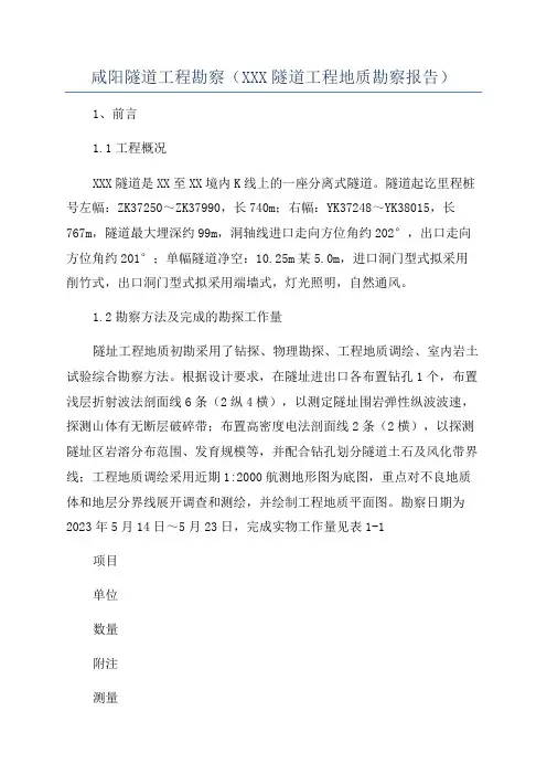 咸阳隧道工程勘察(XXX隧道工程地质勘察报告)