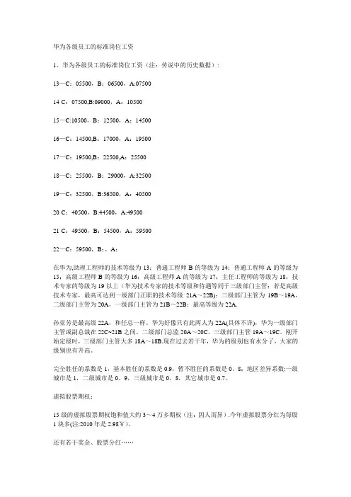 华为各级员工的标准岗位工资