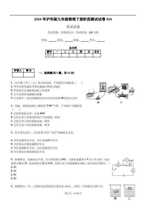 2024年沪科版九年级物理下册阶段测试试卷914