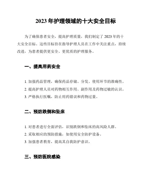 2023年护理领域的十大安全目标
