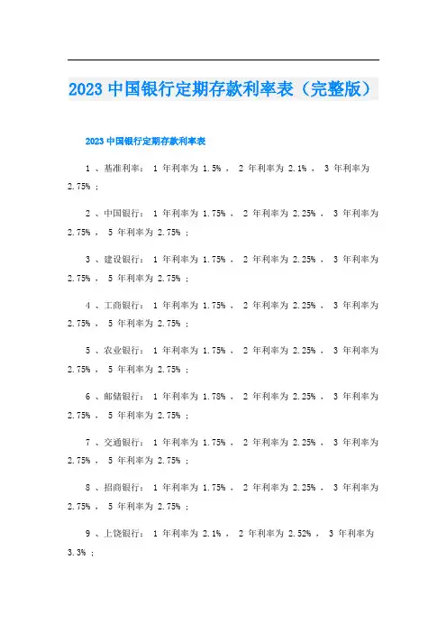 2023中国银行定期存款利率表(完整版)