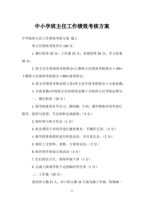 中小学班主任工作绩效考核方案