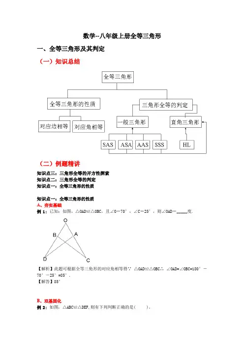 初中数学--八年级上册全等三角形知识点归纳及经典练习题