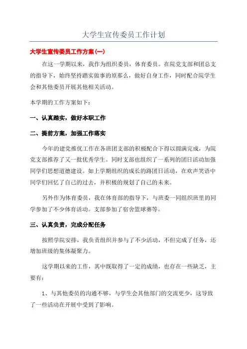 大学生宣传委员工作计划