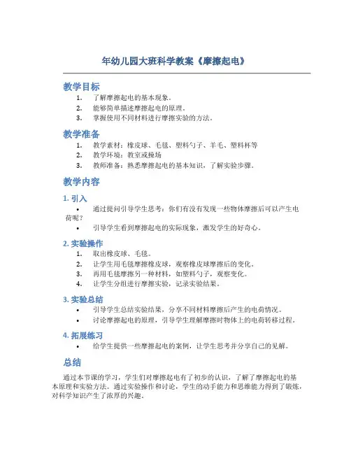 年幼儿园大班科学教案《摩擦起电》