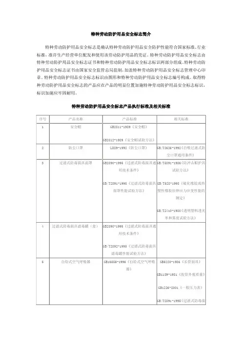 特种劳动防护用品安全标志产品执行标准及相关标准