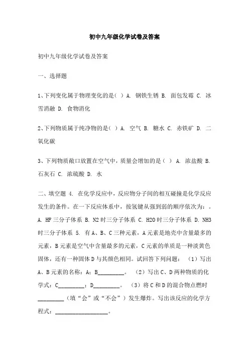 初中九年级化学试卷及答案