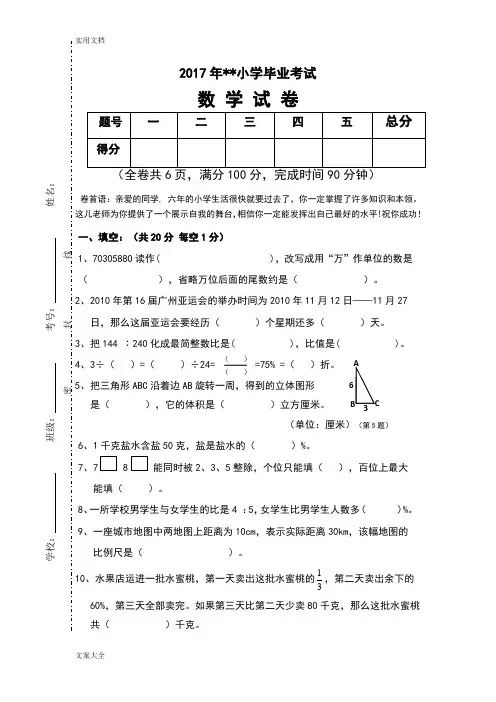 人教版2017年六年级期末考试卷(数学)及问题详解