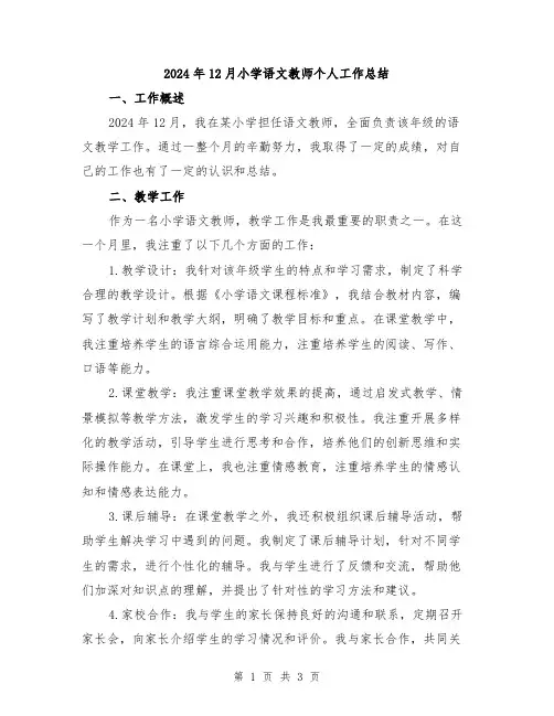 2024年12月小学语文教师个人工作总结