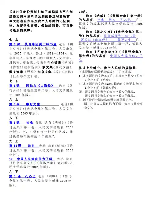 部编版初中语文课本里鲁迅文章及选自作品的汇总