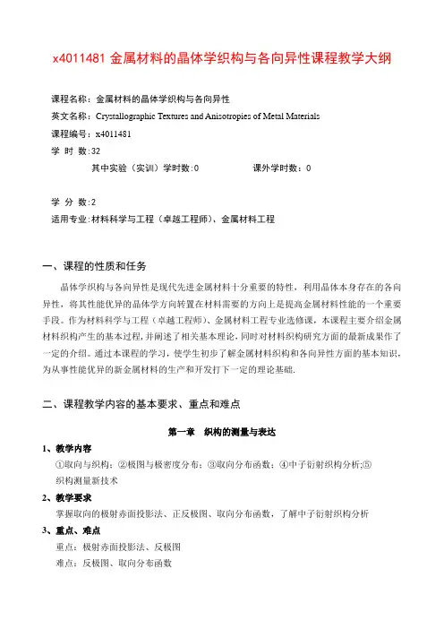 《金属材料的晶体学织构与各向异性》课程教学大纲