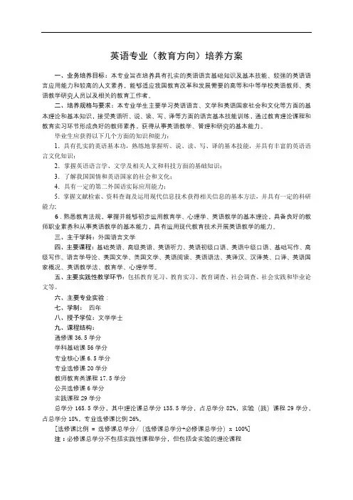 英语专业(教育方向)培养方案【模板】