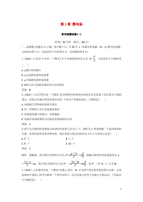 2019学年高中物理 第1章 静电场章末检测试卷 新人教版选修3-1