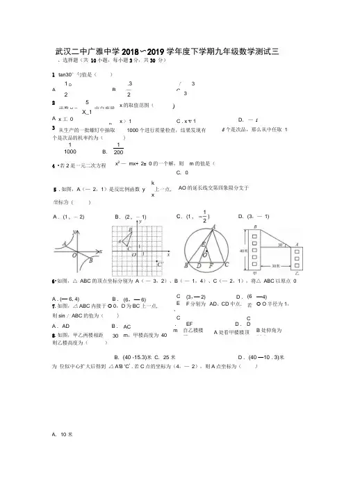 武汉二中广雅中学2018_2019学年度下学期九年级数学测试
