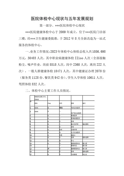 医院体检中心现状与五年发展规划