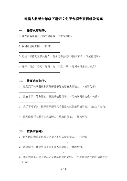 部编人教版六年级下册语文句子专项突破训练及答案