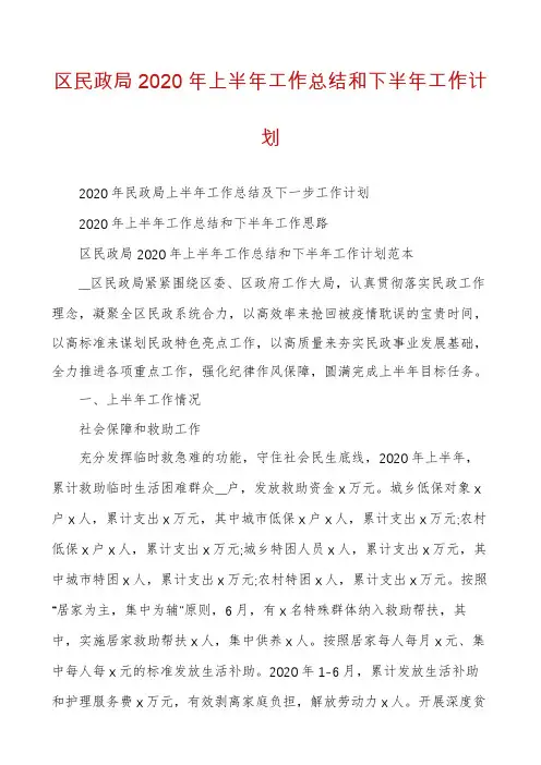 区民政局2020年上半年工作总结和下半年工作计划
