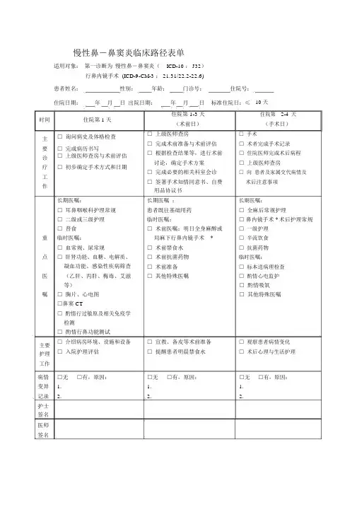 慢性鼻鼻窦炎临床路径表单