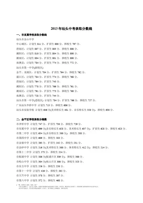 2011年至2013年近三年汕头市中考录取分数线 (供2014年报考参考)