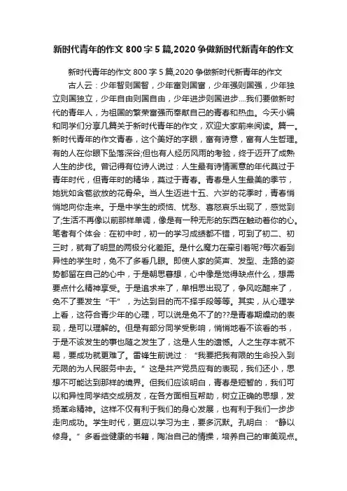 新时代青年的作文800字5篇,2020争做新时代新青年的作文