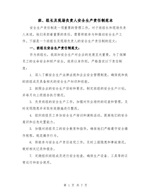 班、组长及现场负责人安全生产责任制范本（3篇）