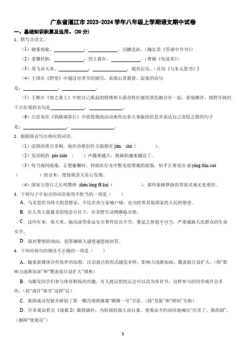 广东省湛江市2023-2024学年八年级上学期语文期中试卷(含答案)