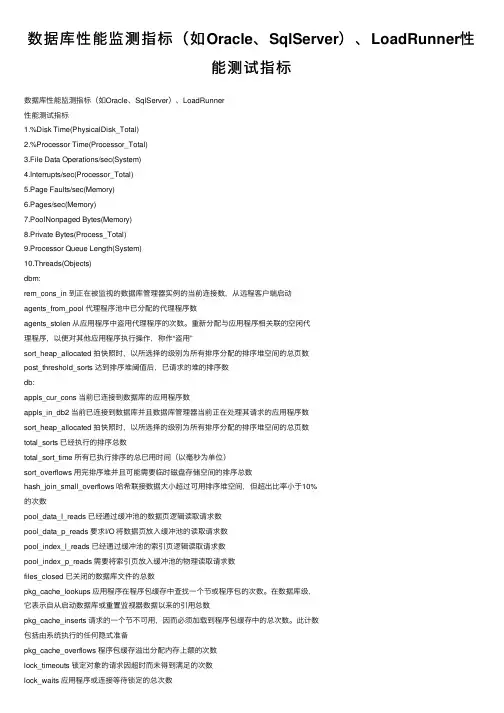 数据库性能监测指标（如Oracle、SqlServer）、LoadRunner性能测试指标