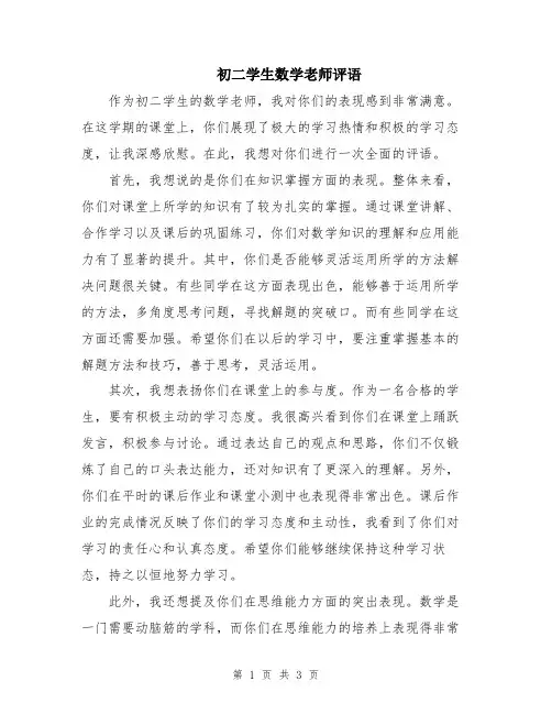 初二学生数学老师评语