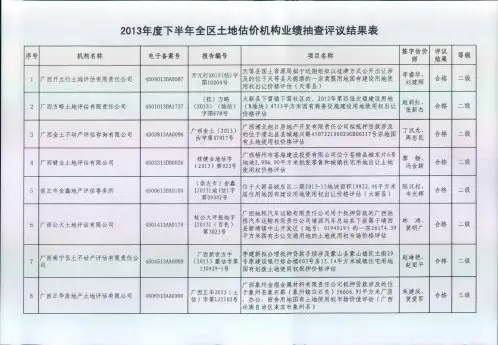 2013年度下半年全区土地估价机构业绩抽查评议结果表