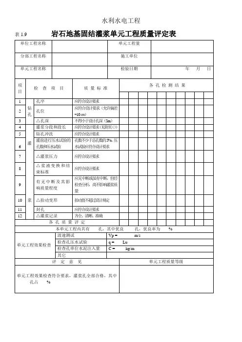 表1.9  岩石地基固结灌浆单元工程质量评定表