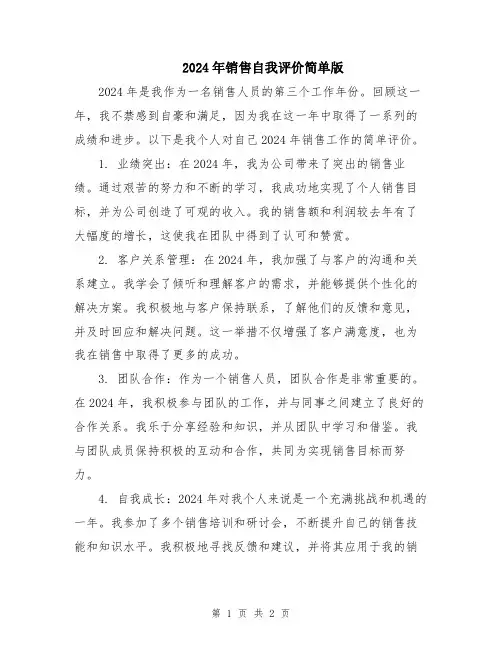 2024年销售自我评价简单版