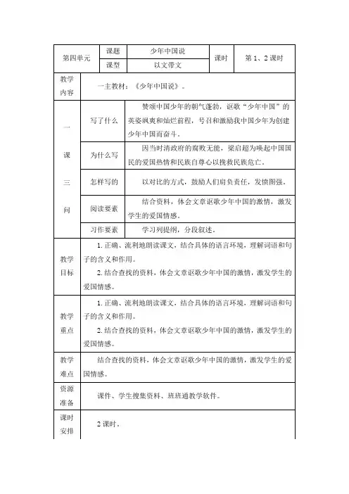 部编版五年级上册语文第四单元教案《少年中国说》