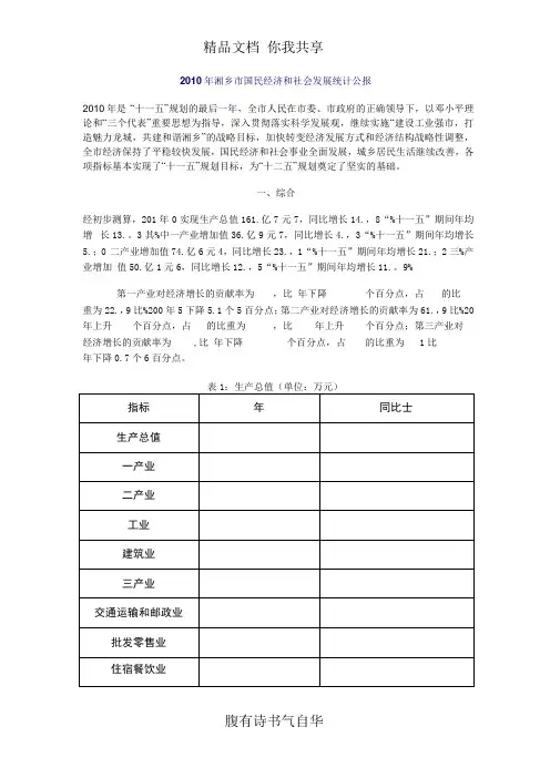 2010年湘乡市国民经济和社会发展统计公报