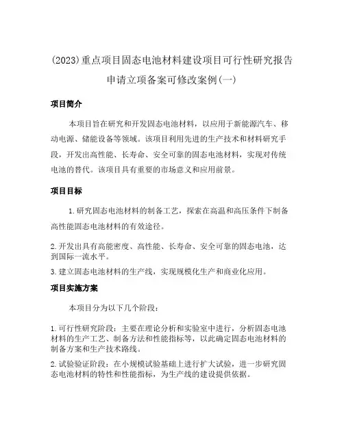 (2023)重点项目固态电池材料建设项目可行性研究报告申请立项备案可修改案例(一)