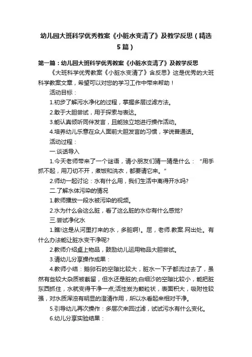 幼儿园大班科学优秀教案《小脏水变清了》及教学反思（精选5篇）