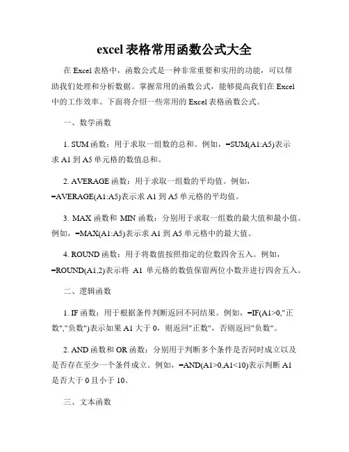 excel表格常用函数公式大全