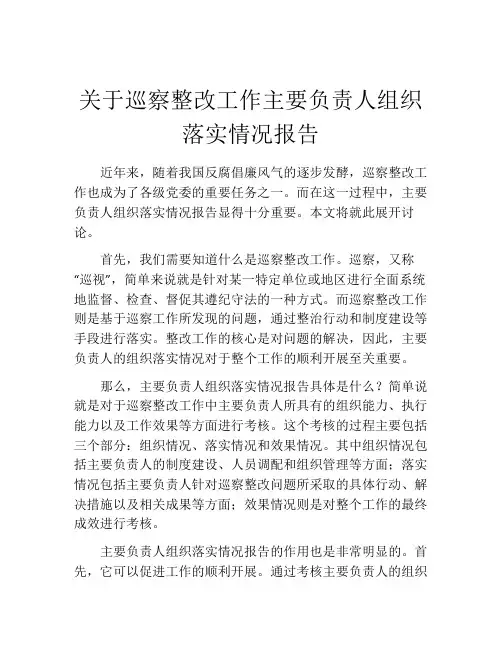 关于巡察整改工作主要负责人组织落实情况报告