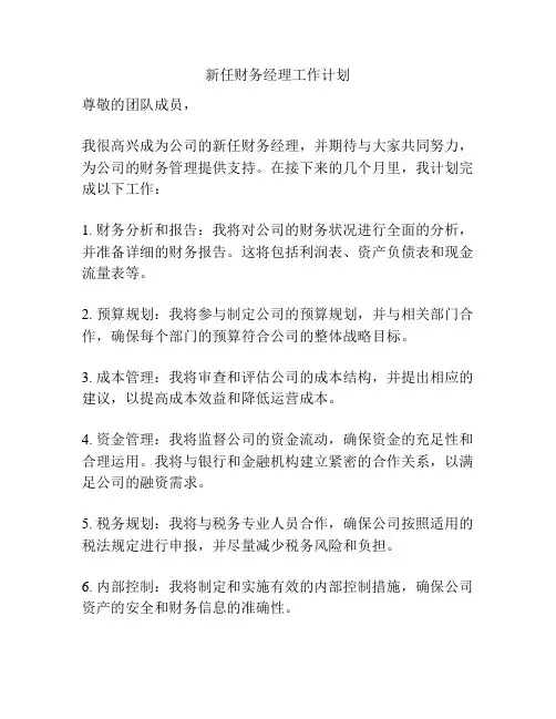 新任财务经理工作计划
