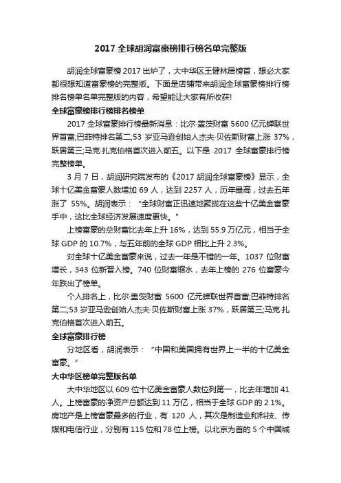 2017全球胡润富豪榜排行榜名单完整版
