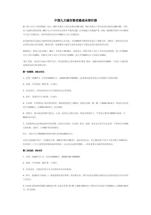 中国九大城市娶老婆成本排行榜