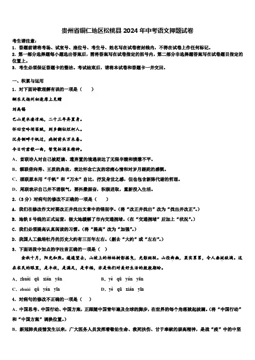 贵州省铜仁地区松桃县2024年中考语文押题试卷含解析