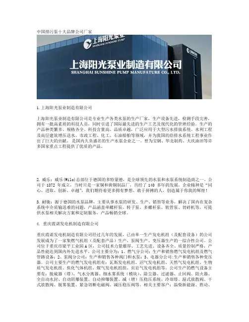 中国排污泵十大品牌公司厂家
