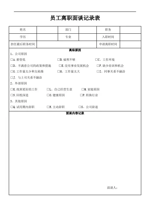 员工离职面谈记录表【范本模板】