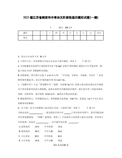 2022-2023学年江苏省南京市中考语文阶段性适应模拟试题(一模)含答案