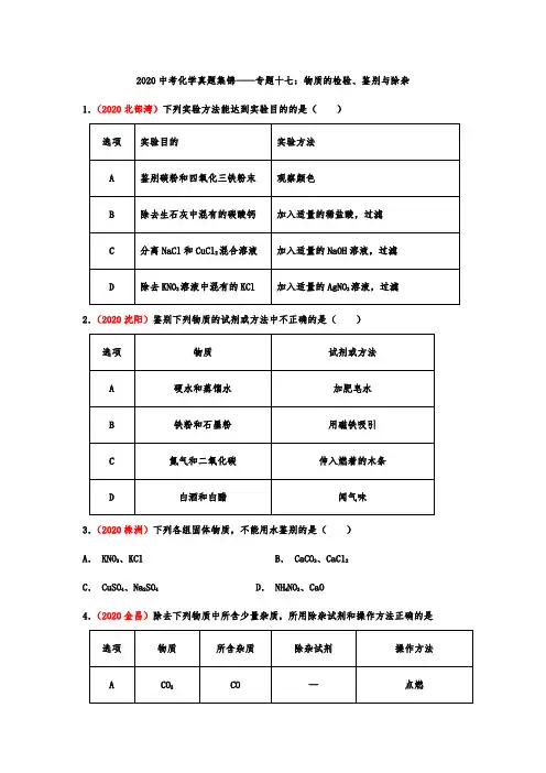 中考化学真题集锦——专题十七：物质的检验、鉴别与除杂（含答案）
