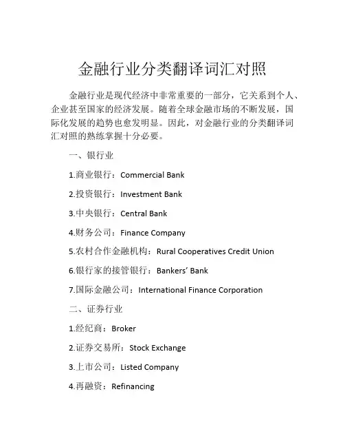 金融行业分类翻译词汇对照