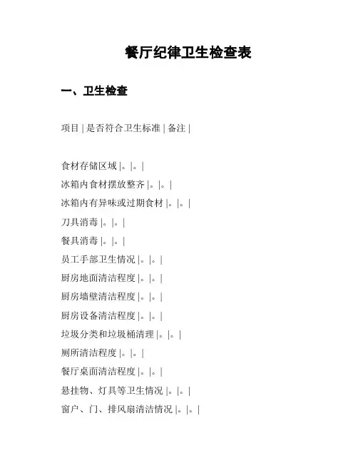 餐厅纪律卫生检查表