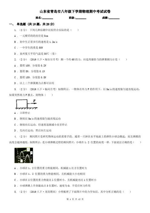 山东省青岛市八年级下学期物理期中考试试卷