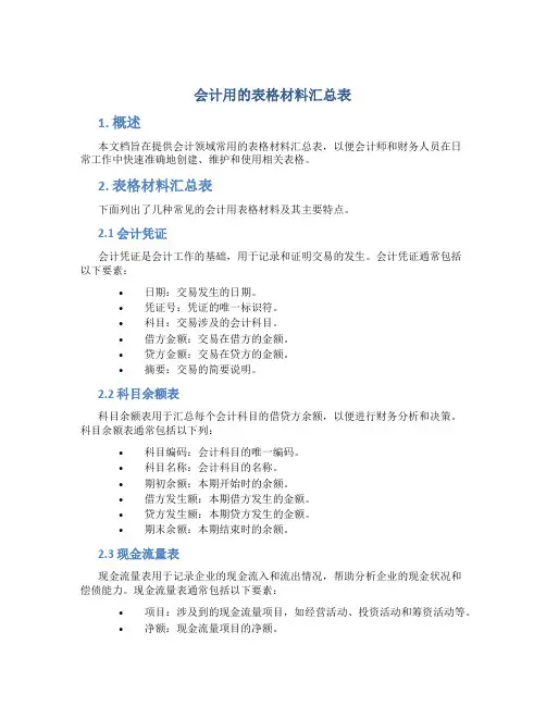 会计用的表格材料汇总表