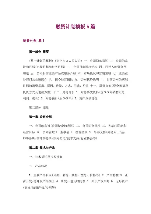 融资计划模板5篇